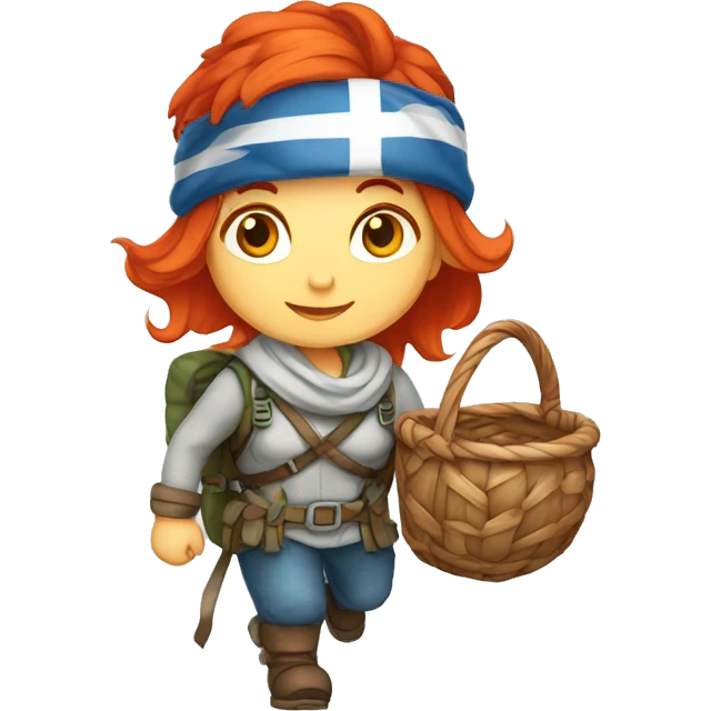 red hair female winter mountaineer climbing with Easter eggsbasket and Greek flag emoji