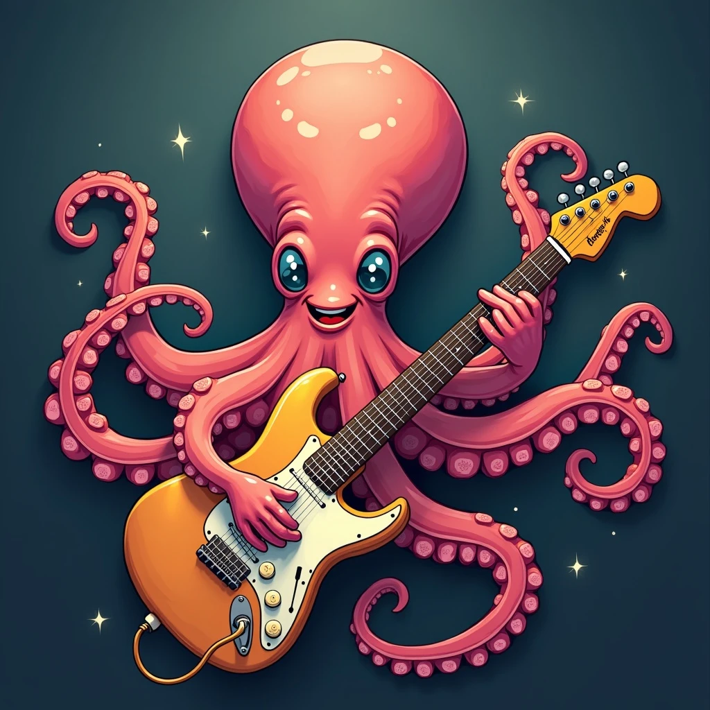 happy octopus with multiple arms playing guitar emoji