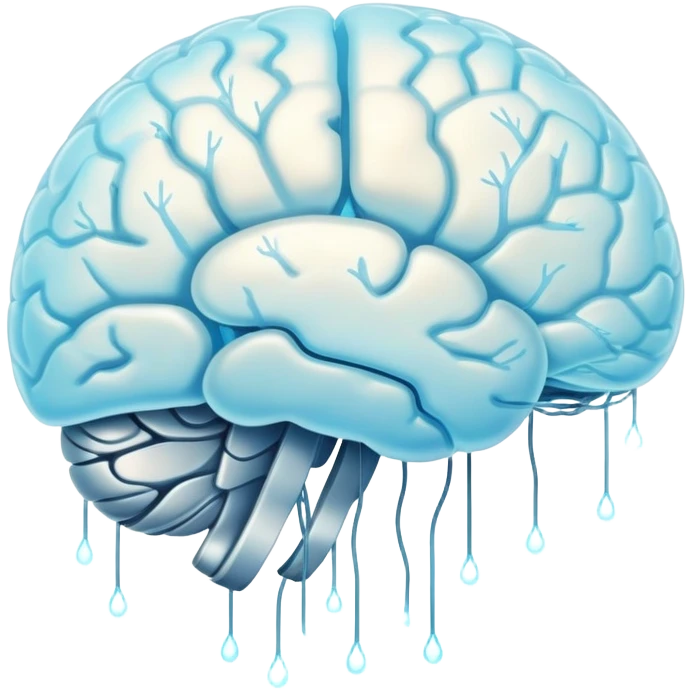 Floating pearl and light blue capsule orbiting around a translucent brain with bright sparks connected to a glowing neural network, all wrapped in a soft fog representing mental focus emoji