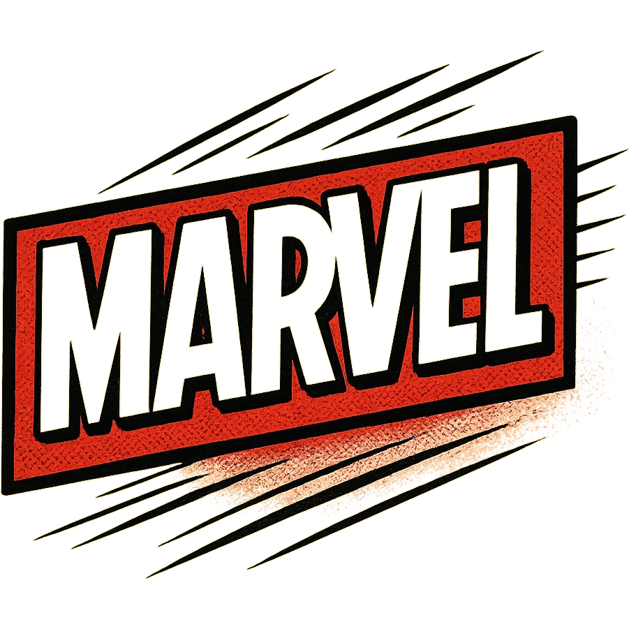 logo inspired by Marvel, modern comic book style, red and white color scheme, impactful design emoji