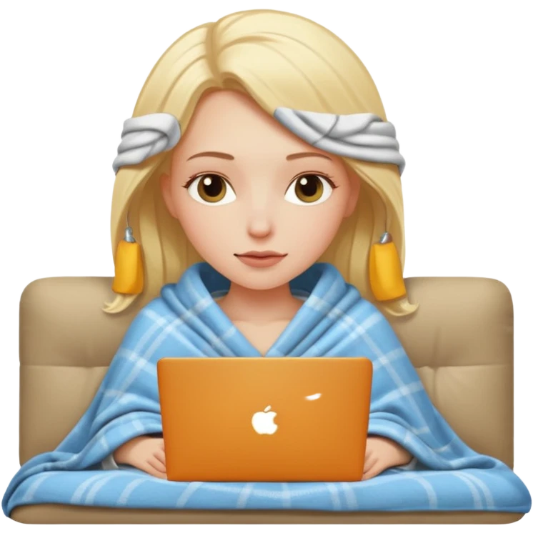A white girl lies on a sofa under a blanket with a laptop emoji