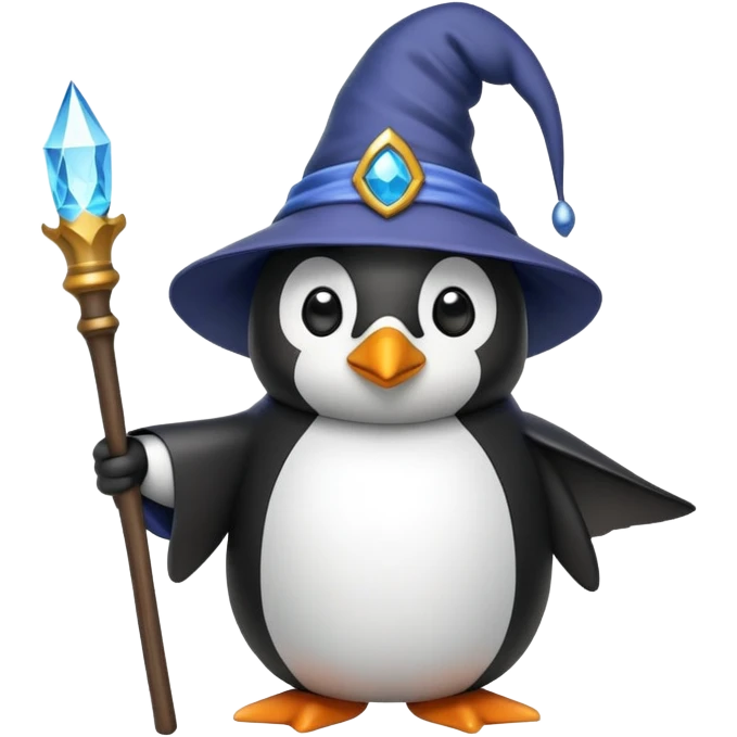 penguin wizard with a staff and wizard hat emoji