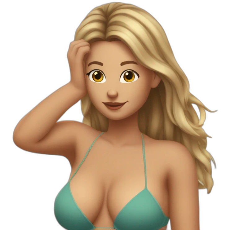Slim-thicc Caucasian woman bikini hands-in-hair pose (beach body) full body emoji