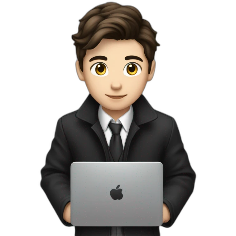 Classy programmer, 13 years old, coat, formal outfit, pc in hands, brunette boy, uses pc stays on pc, black coat, has pc in hands, all body see emoji
