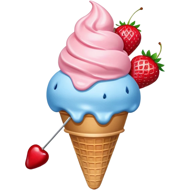 Waffle ice cream cone with one scoop of a blue ice cream and one scoop of a strawberry ice cream on top of the blue one with a single cherry still with stem in on top.  emoji