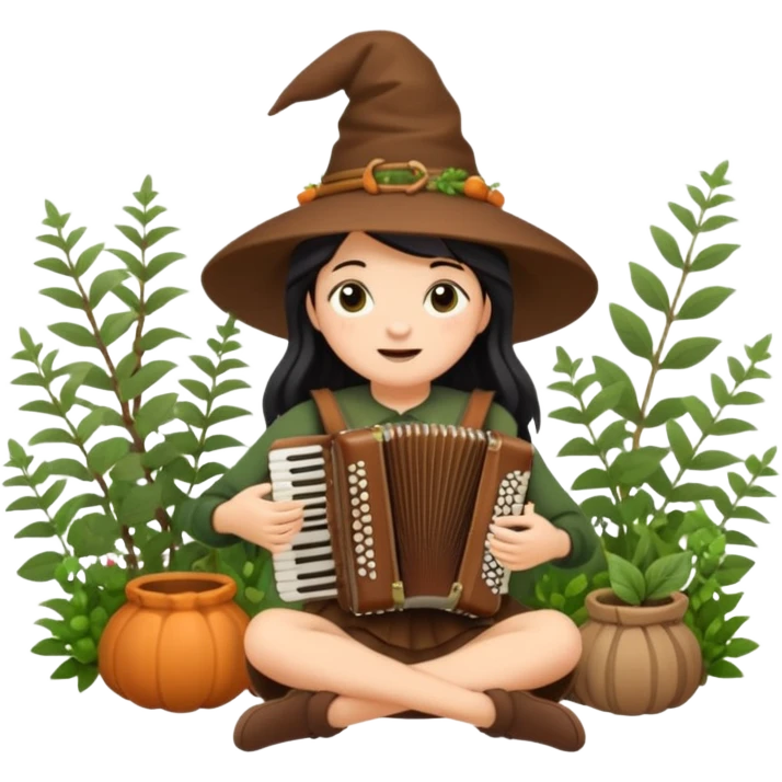 cozy woodland witch woman playing small accordion, surrounded by herbs emoji