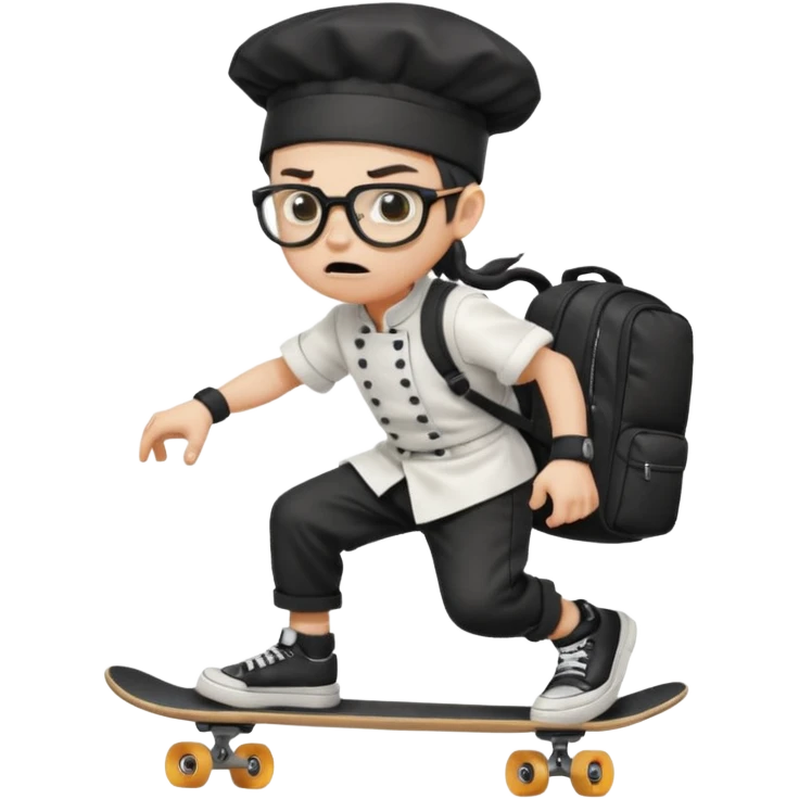 ["An angry boy , ponytail, wearing a chef hat and square glasses, dressed in goth fashion, is skateboarding while holding a backpack."] emoji