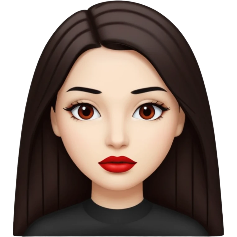 A woman emoji with fair skin, long straight dark brown hair parted in the middle, dark eyebrows, and red lipstick. emoji