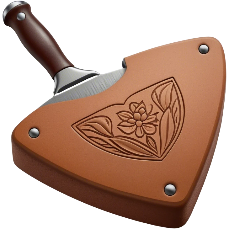Leatherworking icon, beautiful piece of raw leather with started engraving, engraving tool or chisel, stamp or press, textured surface, minimalistic style, clean lines, transparent background. emoji