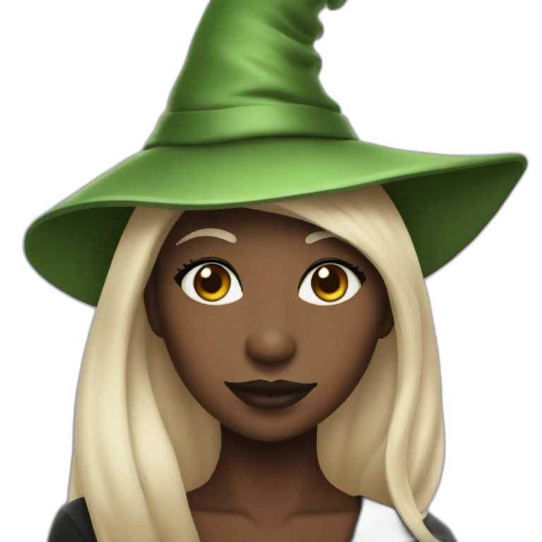 Cynthia Erivo with green skin and a witch hat emoji