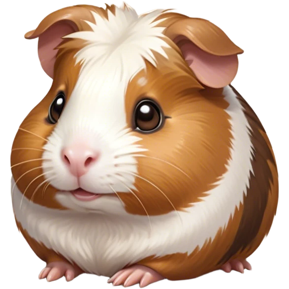 Cinematic Cute Brown and White Banded Guinea Pig Portrait Emoji, Head tilted playfully and inquisitively, showcasing a fluffy fur with playful brown and white banded patterns, round, sparkling dark eyes filled with curiosity, Simplified yet irresistibly adorable features, highly detailed, glowing with a warm, friendly glow, high shine, affectionate and spirited, stylized with a touch of whimsy, bright and endearing, soft glowing outline, capturing the essence of a mischievous yet loving guinea pig, so playful it feels like it could dash out of the screen and into your arms! emoji