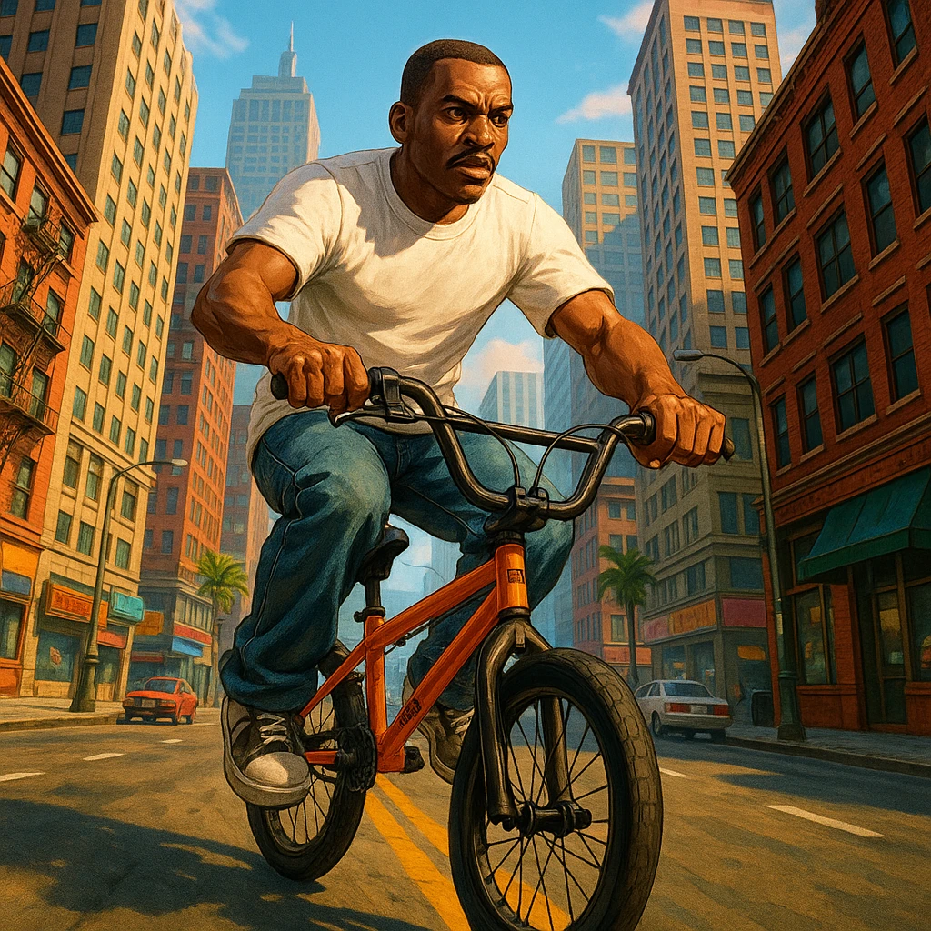 CJ from GTA San Andreas riding a BMX in a city background emoji