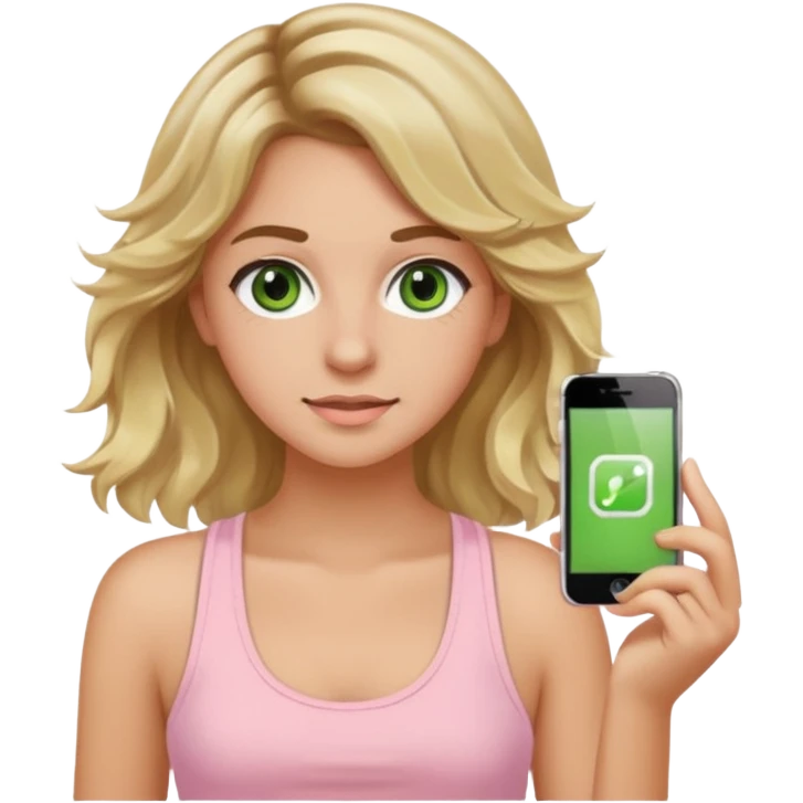 20-year-old girl with long wavy hair brown roots blonde highlights green eyes brown eyebrows good summer tan iPhone emoji style can you make her wear a light pink tank top emoji