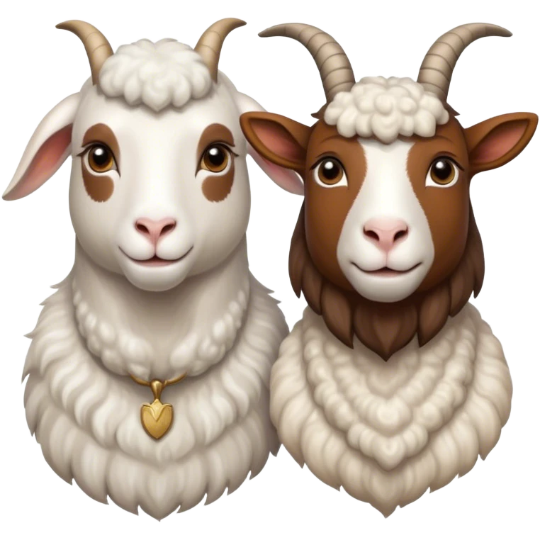 Portrait collage of domestic hooved animals: A calm goat with soft fur, a fluffy sheep with large eyes, and a noble horse with a shiny coat. Soft green meadow and distant hills in the background. Transparent background. emoji