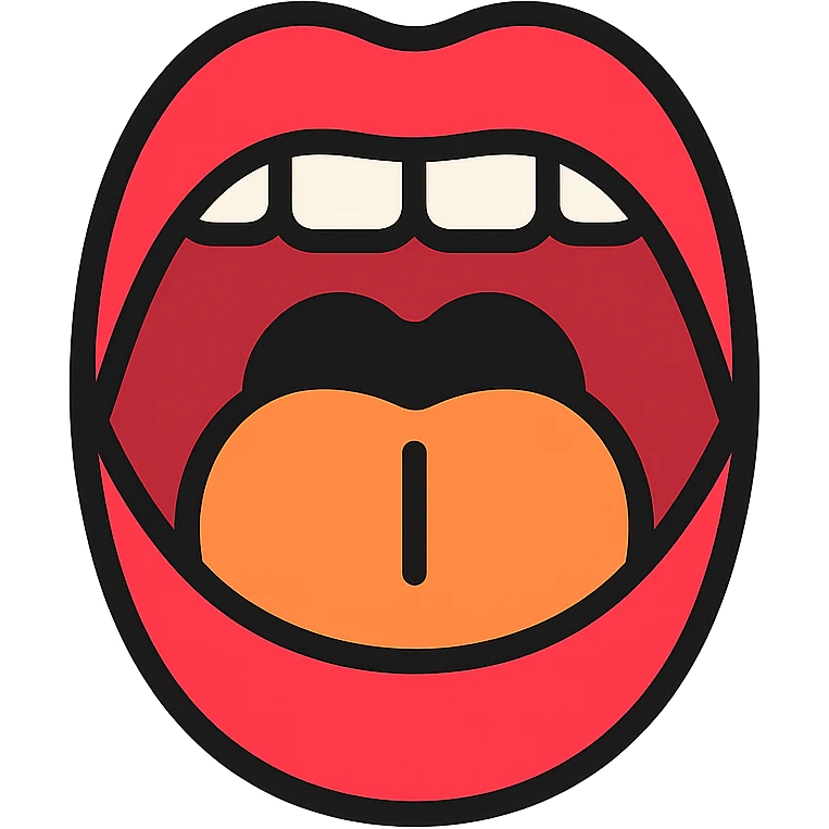 Schematic open mouth with visible tongue, symbolizing speech articulation and sound practice. Vector style, clean and sharp lines. Include realistic shadows and light reflections for depth. Minimalistic, educational design. Transparent background. High contrast between tongue, teeth, and lips for clarity. Flat illustration with soft shading, suitable for speech therapy materials emoji