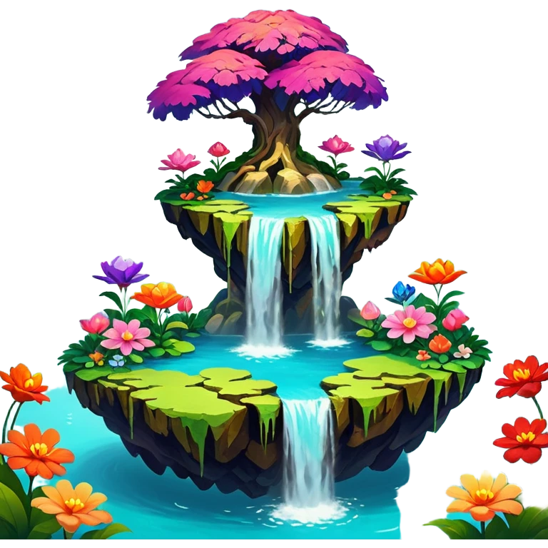 a surreal floating island with vibrant gardens, cascading waterfalls, and oversized flowers. bright, saturated colors, thick oil paint textures, whimsical and dreamlike atmosphere. soft, blended brushstrokes create a lush, inviting environment full of life and color. emoji