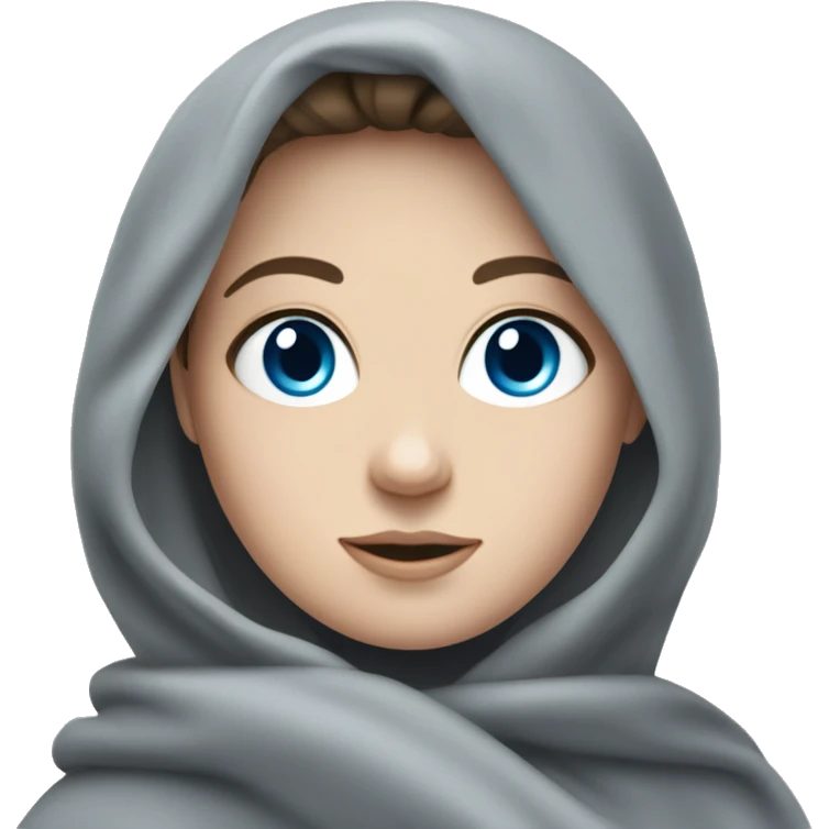 Brunette white girl with blue eyes in a grey blanket ￼ emoji