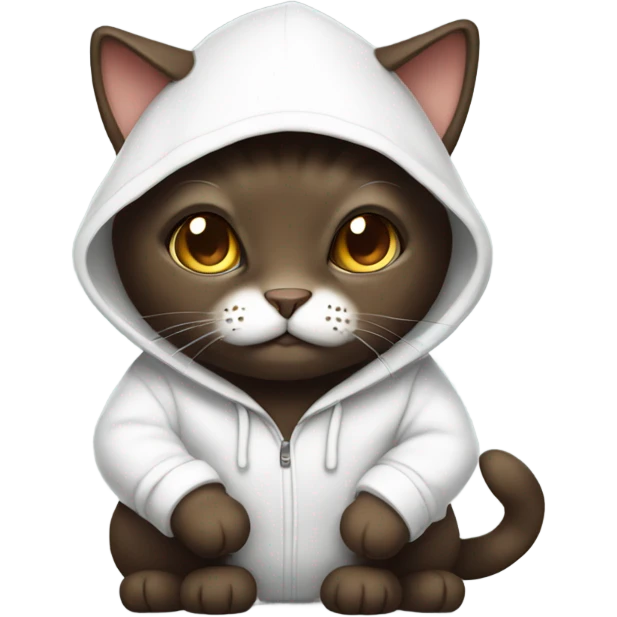 Dark brown cat wearing a white hoodie  emoji