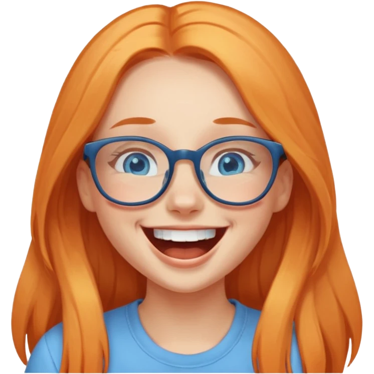 a girl with blue eyes, glasses and light orange long hair laughing emoji