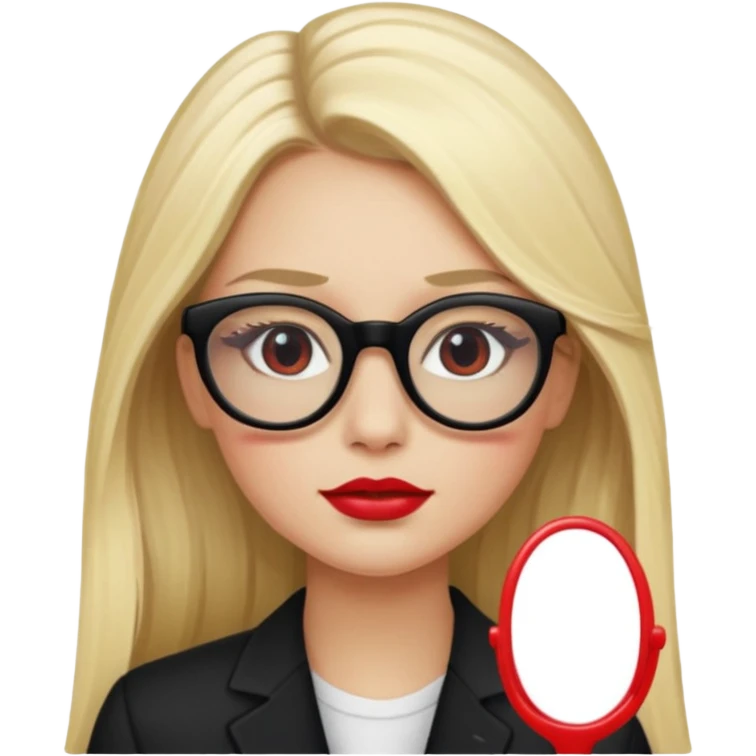 A blonde woman, long hair and long eye lashes, red blushes and little lipstick and highlighter, black glasses emoji