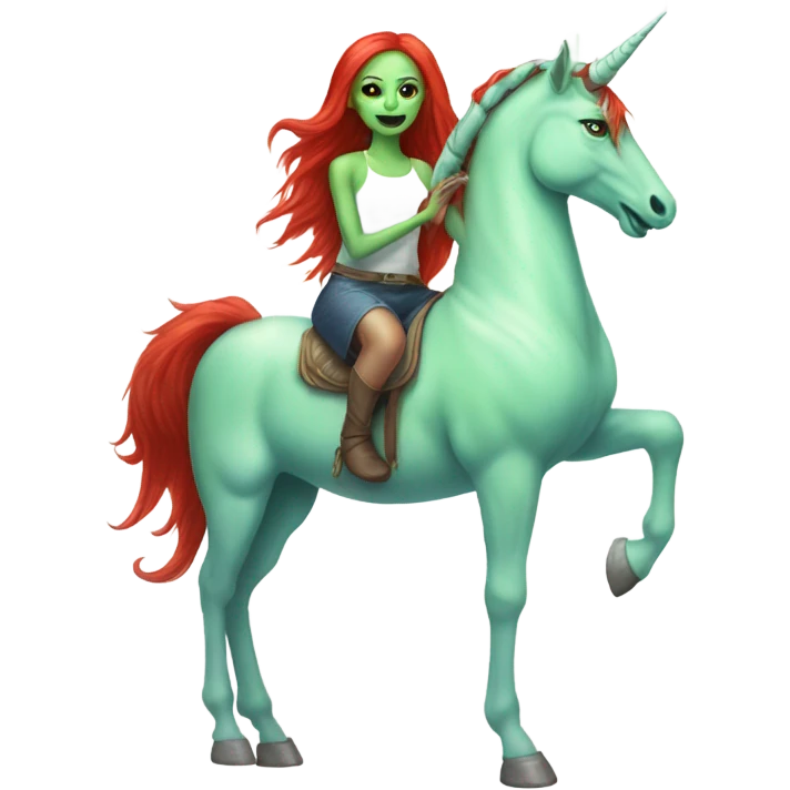 [politically incorrect
	{ woman: alien, color: light green, hair:red, eyes:cat} ]
	on a 
	[{ unicorn: white, legged:four, mane: light blue }] emoji