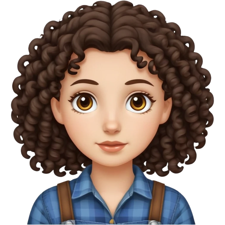 white girl with very curly dark brown hair, brown eyes, wearing farm clothes emoji