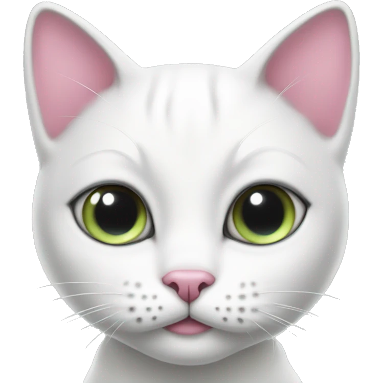 White cat with pink bow in her neck geeen eyes and black spots inside her left eye emoji