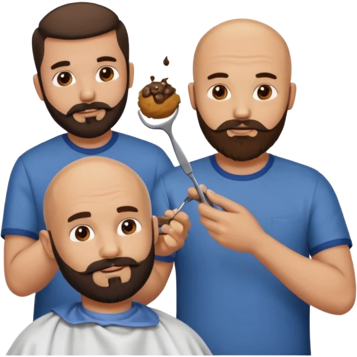 A bald man with a dark brown beard cutting someone’s hair at a barber shop and the other guy is eating a small poop ball in his hand emoji