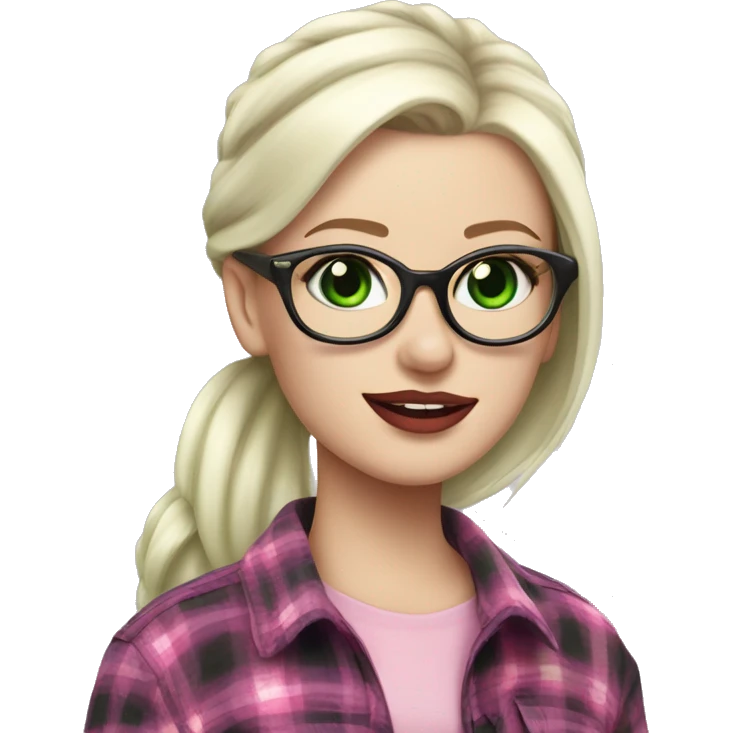 Pale white girl, platinum blonde hair in a pony tail, sinister, green glasses, pink lips, flannel top emoji