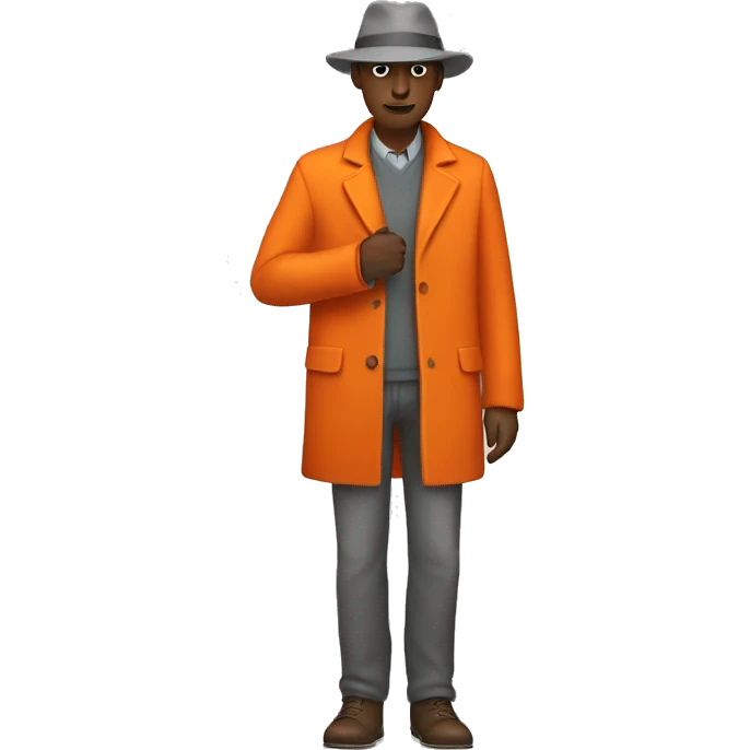 Grey Skinned Faceless figure wearing an orange coat and fedora emoji