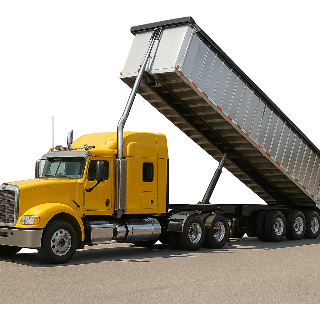 ultra-realistic yellow semi sleeper truck and silver end dump trailer, trailer tilted up as if dumping, clear reflections and shadows emoji