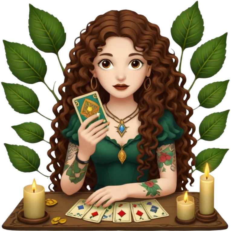 woman with long curly brown hair, brown eyes, white skin, tattoos, reading tarot cards made of leaves  emoji