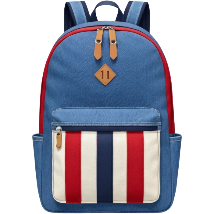 denim backpack with bold red, white, and navy vertical stripes, minimal and flat design, front view, inspired by Tommy Jeans style."
 emoji