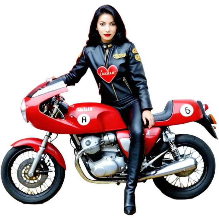 Crie um motoqueiro de jaqueta preta junto com uma mulher de jaqueta preta com um símbolo de um coração vermelho com chama vermelha e letras HL escrito em dourado dentro do coração vermelho, a mulher abraçado ao motoqueiro os dois de costas na moto Harley Davidson vermelha  emoji