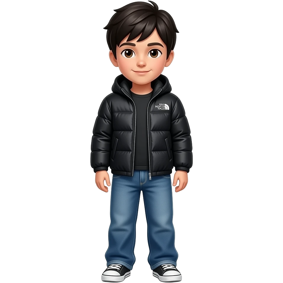 un niño que su pelo és negro i sus ojos marrones. Que vaya con una chaqueta adidas de color negro i que vaya con pantalones tejanos anchos I que se veaa todo el cuerpo.  Que tenga una chaqueta negra con volumen i que sea north face emoji