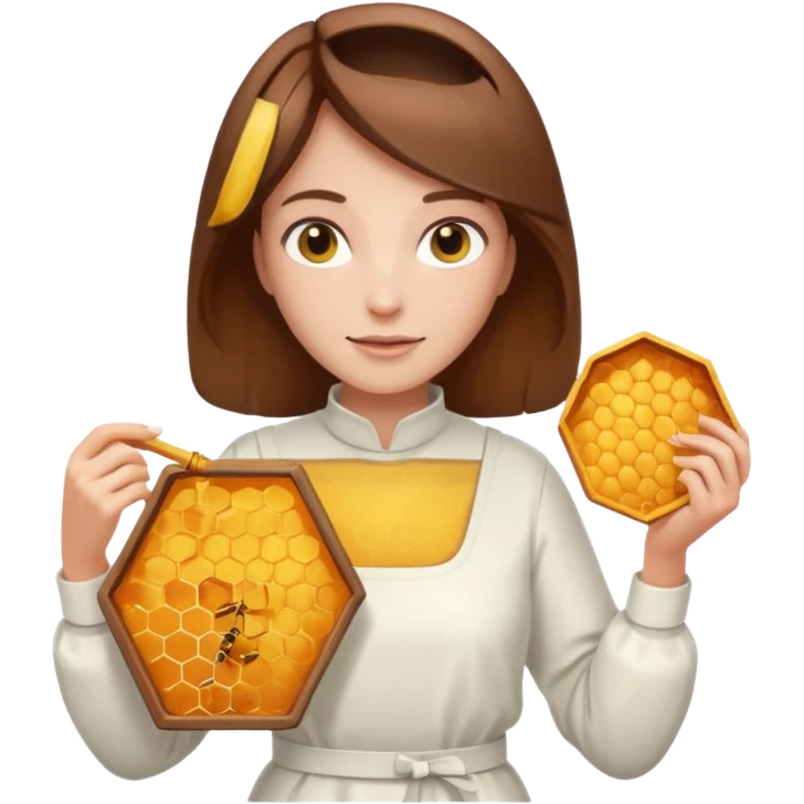 female bee keepers with brown hair, white outfit,  emoji