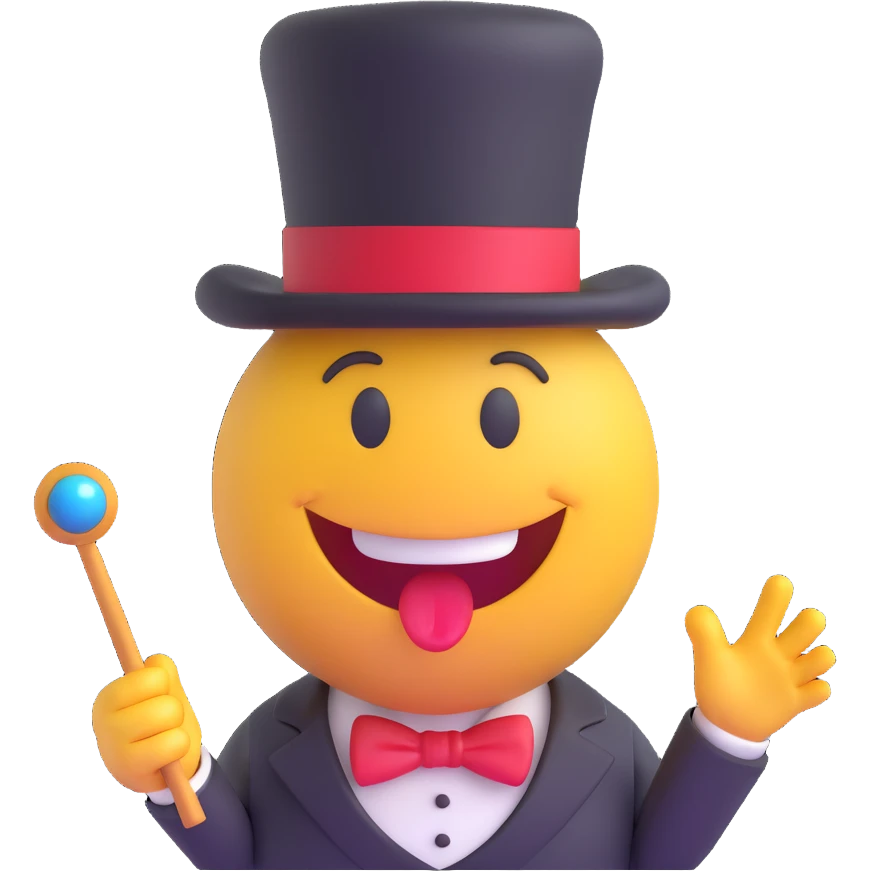 3D smiley emoji, round shape, magician with a top hat and magic wand, funny face, transparent background emoji