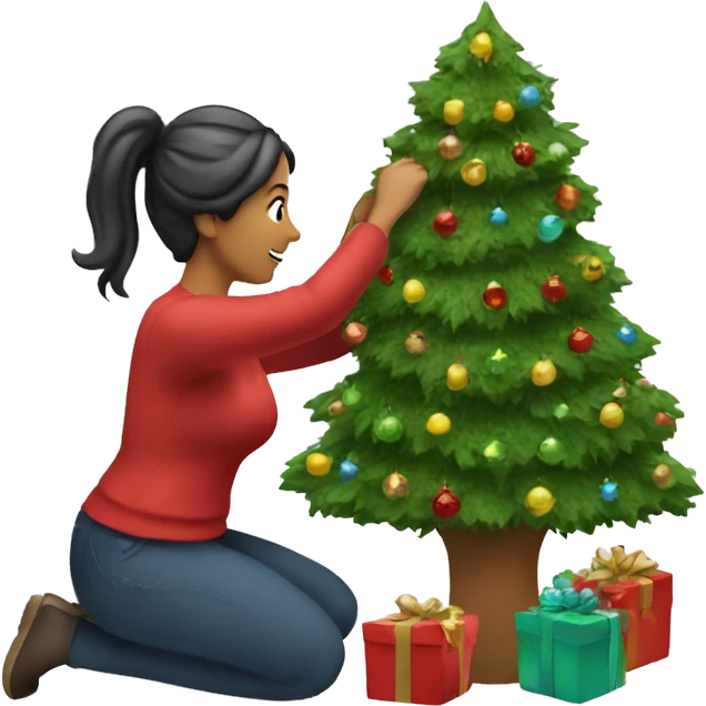 A Christmas tree with a woman decorating it emoji