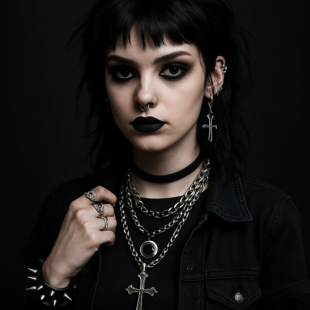 alternative girl, alt style, dark clothing, unusual jewelry emoji