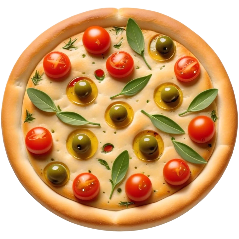 cinematic-realistic-focaccia-bread-dish-emoji,-depicted-as-a-golden,-olive-oil-brushed-flatbread-sprinkled-with-herbs-rendered-with-lifelike-texture-and-soft,-appetizing-lighting showing olives on top and the cherry tomatoes emoji