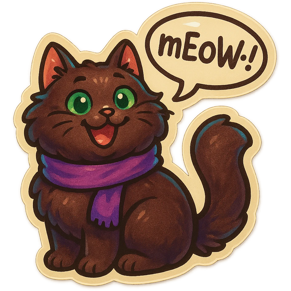 Fluffy cute derpy silly smiling happy dark-brown cat with green eyes and a purple scarf saying ‘mEoW~!’ (With a speech bubble) emoji
