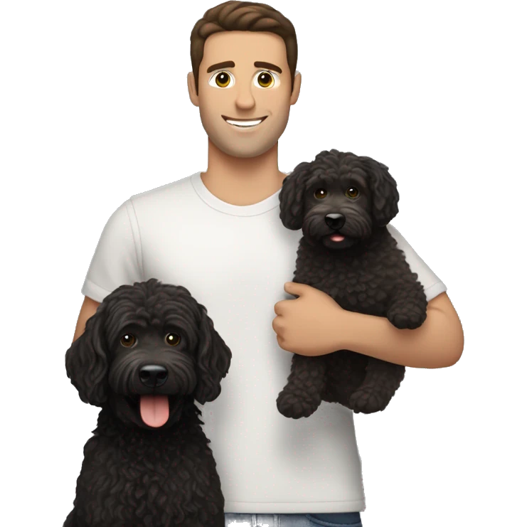 clean-shaven straight-haired brunette man holding black labradoodle emoji