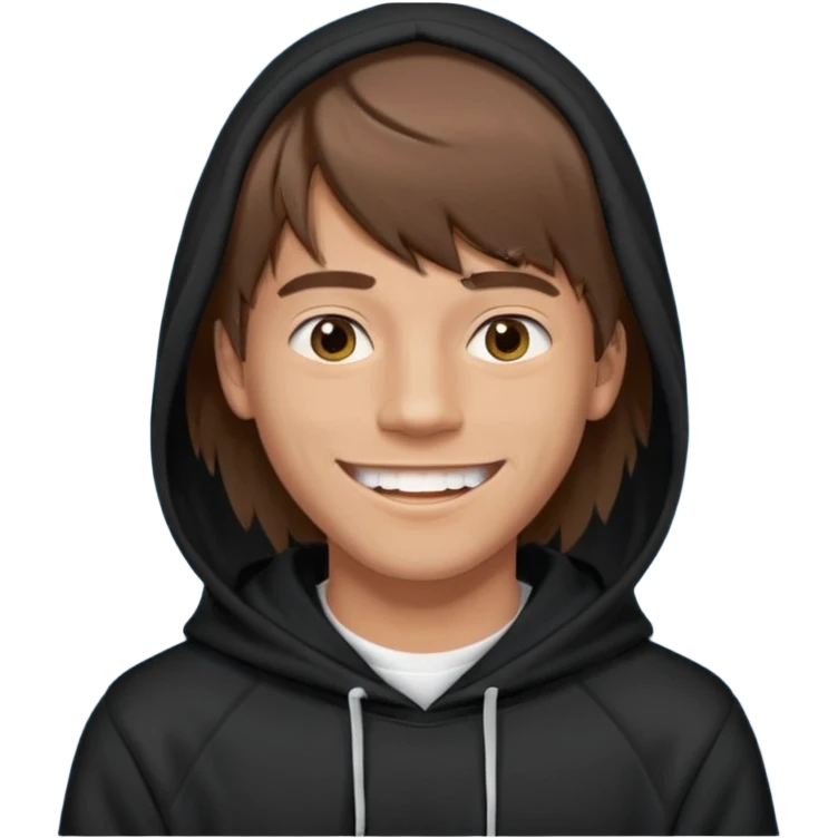 20 yr old man, brown hair, straight, big smile, white teeth, tanned skin, bangs, black hooded sweatshirt, long hair in back, center-parted bangs emoji