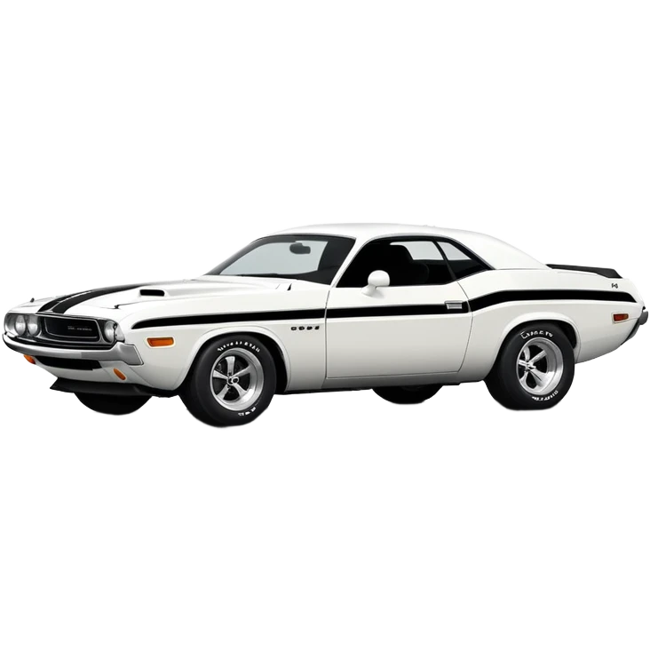 Minimalist white 1971 Dodge Challenger muscle car, side view, iconic white paint job, black stripe on the side, classic American muscle car from the movie Death Proof emoji