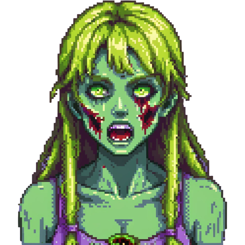 Zombie girl with green skin, bruised face, open mouth, long blonde hair with bangs emoji