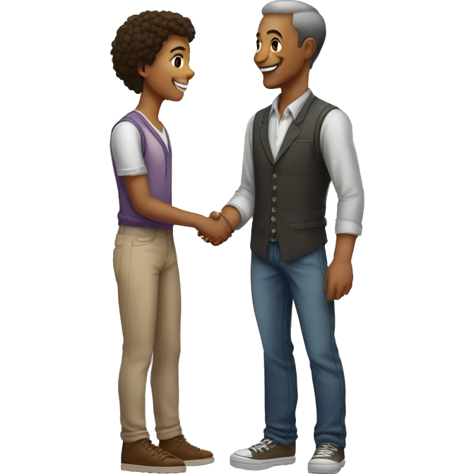 an old restaurant owner and young blogger in youth clothes, shaking hands, both with light skin, in great detail, in full height emoji