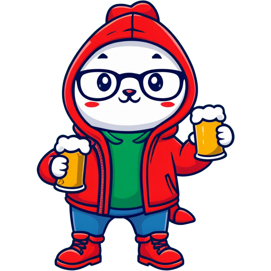 Catfish wearing a red hooded winter jacket, round glasses, blue jeans, red boots, holding a beer can with red label emoji