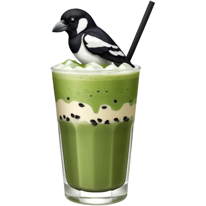 It’s an Australien Magpie (just black and white feathers) sitting on an iced matcha latte on the edge of the glass. It has green matcha on its beak indicating it drank. The iced matxha latte is in a see through glass and white from the oat milk on the bottom and green on top… one straw and ice cubes emoji