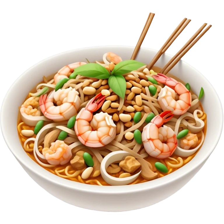 Cinematic Realistic Pad Thai Dish Emoji, depicted as stir-fried rice noodles with shrimp, tofu, peanuts, and bean sprouts rendered with vibrant textures and dynamic, appetizing lighting. emoji