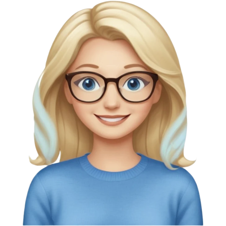 hyper realistic glamourous pale woman, Long blonde balayage hair, smiling, beige sweater, blue eyes and glasses emoji